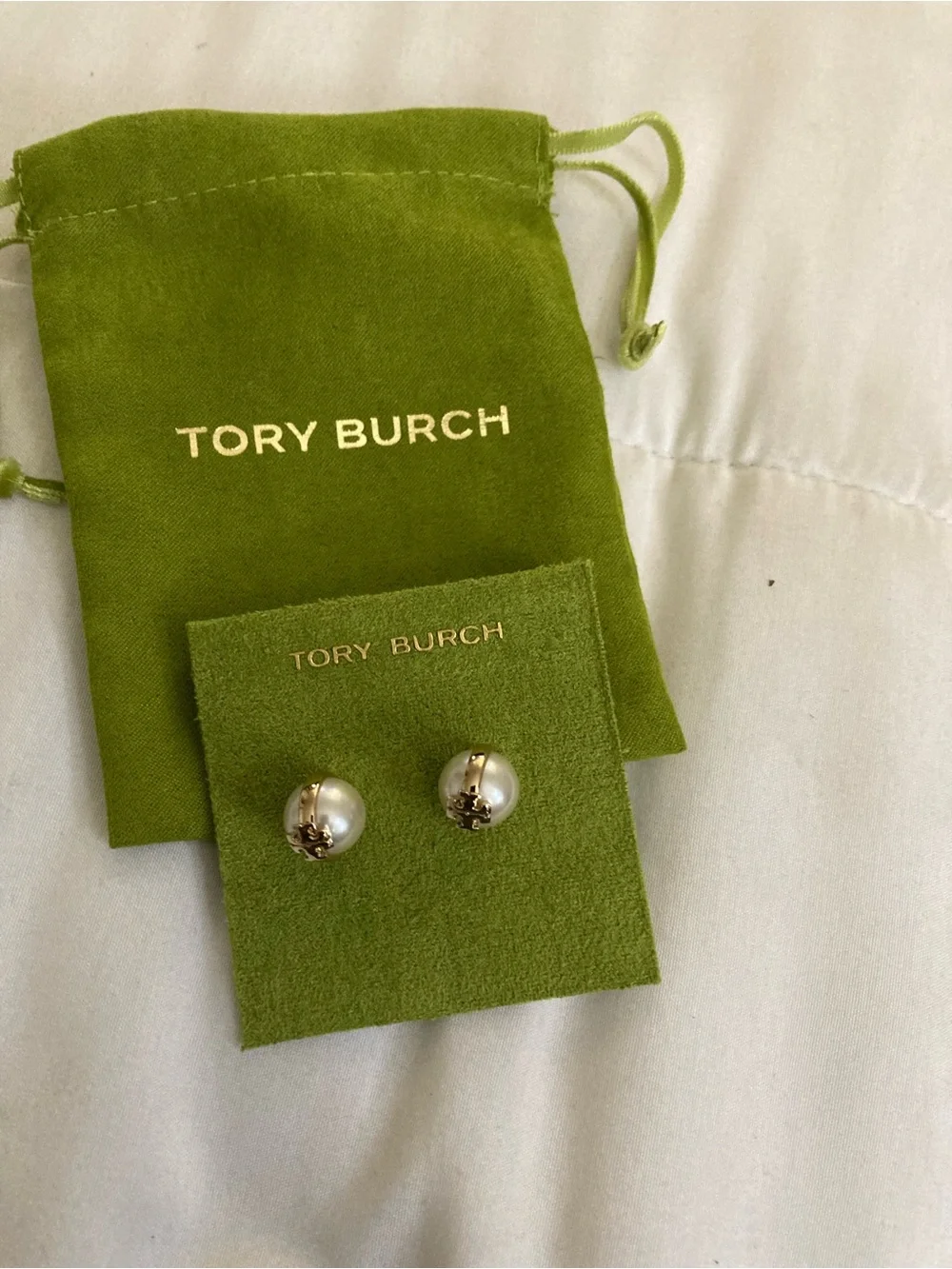 Tory Burch White Pearl and Gold Logo Stud Earrings